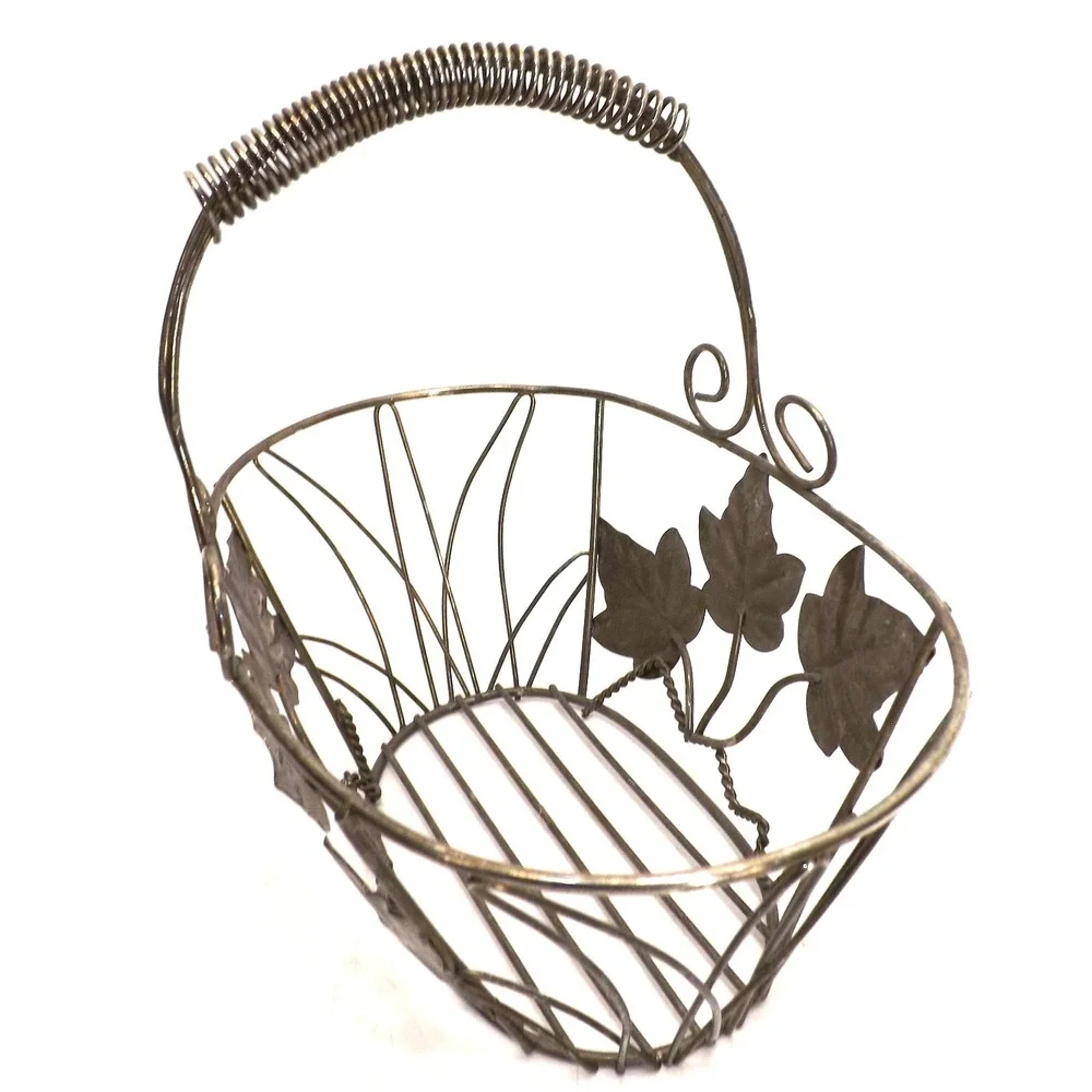Heavy Wire Metal Grape Leaf Handle Fruit Egg Decorative Basket - 9 x 5 x4